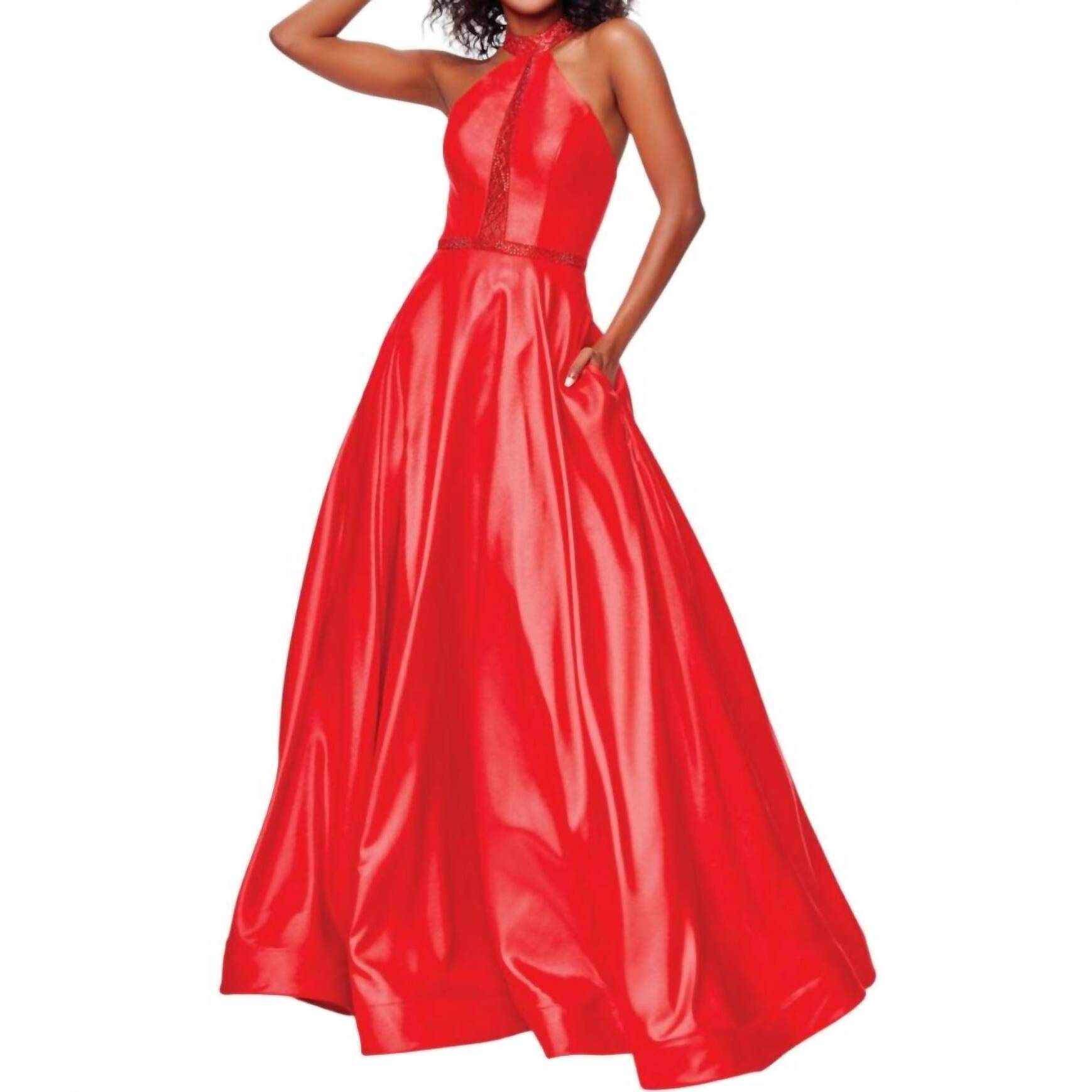 New Clarisse Shimmery Halter Gown In Red